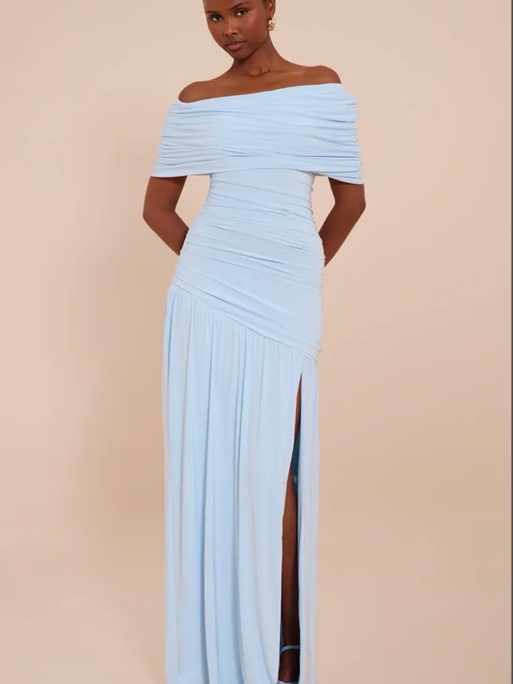 PrettyLittleThing Pale Blue Off-Shoulder Ruched Maxi Dress with Thigh Slit